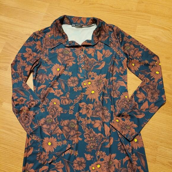 Zara Floral Printed Long Sleeve Polo Dress Size S Boho Hippie Preppy - Picture 2 of 6